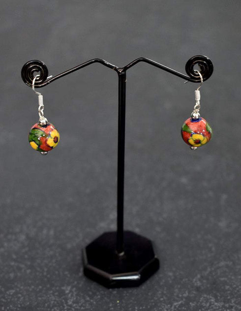 Single Blue Pottery Bead Earrings (Red & Yellow)